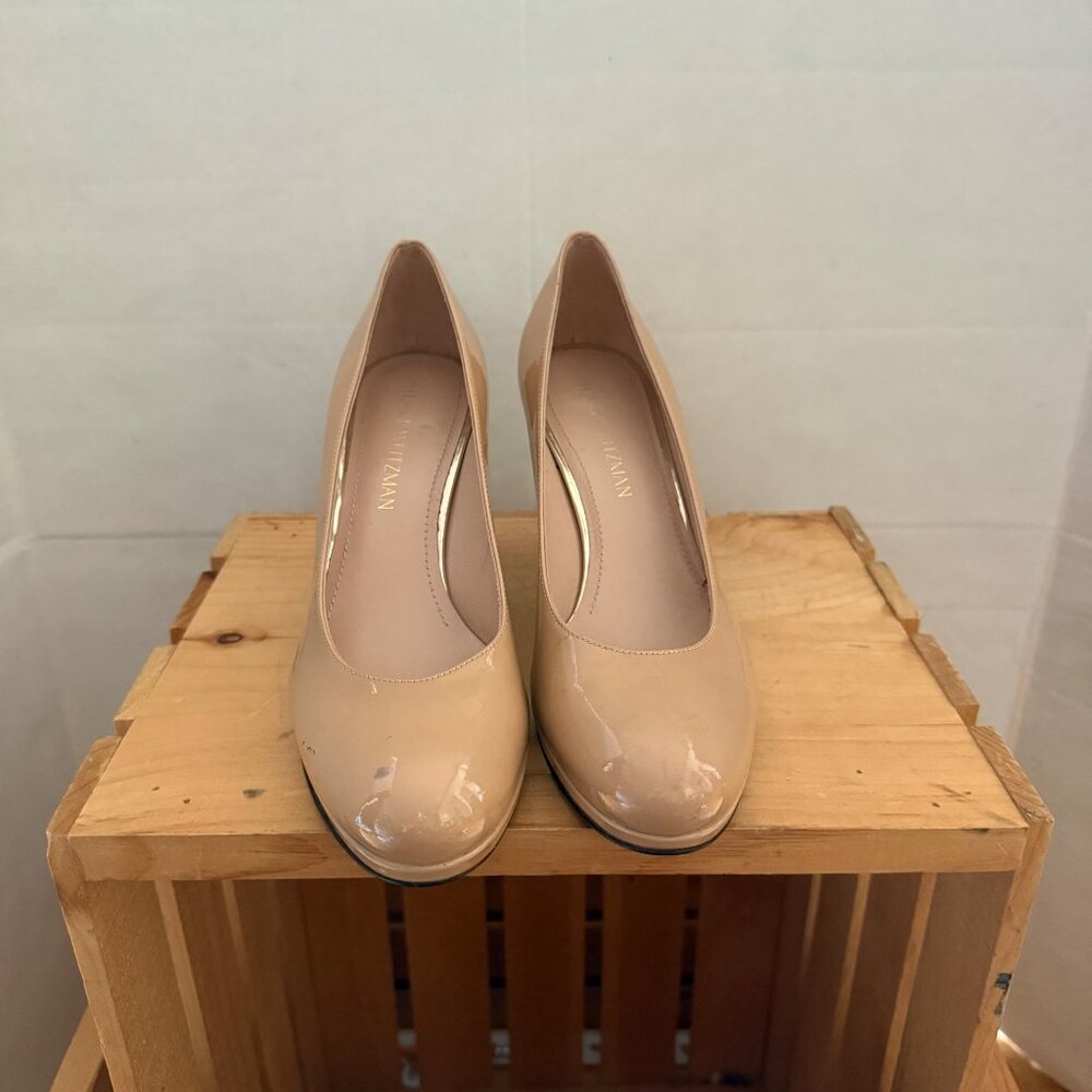 Stuart Weitzman Size 9M Nude Beige Patent Leather Round Toe Stiletto Heel Pumps - Picture 8 of 16